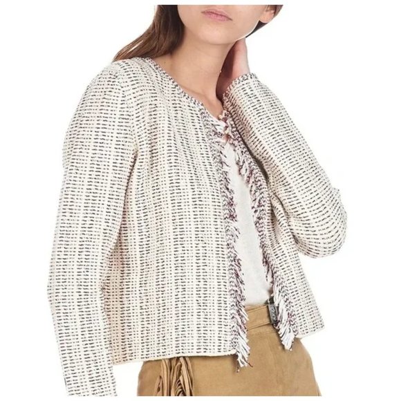 THEORY Boucle Knit GALINNE Cream Dark Red White Fringe Cropped Jacket - Picture 1 of 11